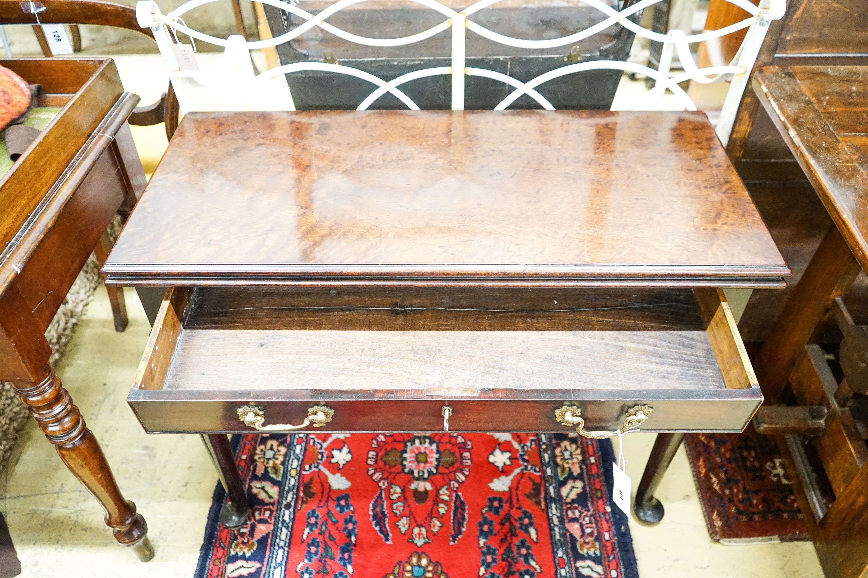 A George II mahogany rectangular folding tea table, width 90cm, depth 41cm, height 72cm